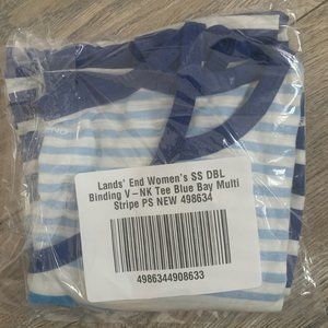 NWT LANDS'‎ END SHORT SLEEVE DOUBLE BINDING V-NECK TEE BLUE BAY MULTI STRIPE PS